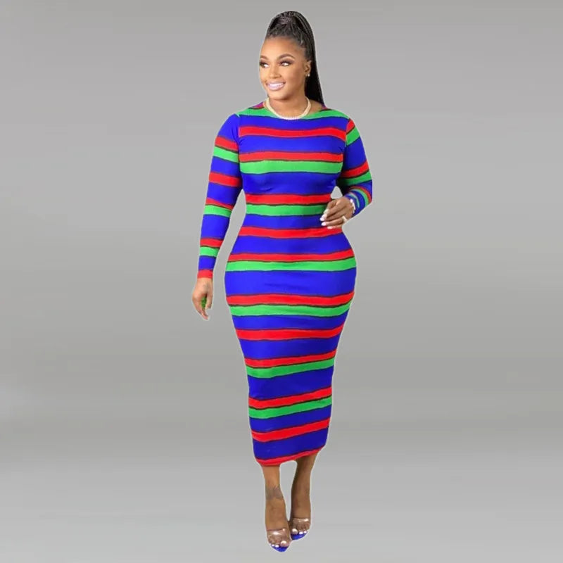 XL-5XL Fashion 2022 Fall Plus Size Long Sleeve Stripe Colorful Slim Casual Dress for Women – Wholesale & Dropshipping