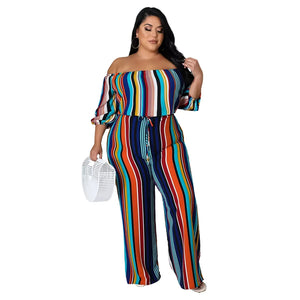 XL-5XL Autumn Stripe Plus Size Jumpsuit: Casual Rompers with Half Sleeve Top and Wide Leg Pant for Women's Clothing