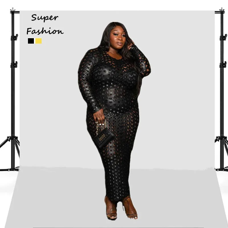 3XL-5XL Plus Size Black Hole Perspective Long Sleeve O-Neck Club Sexy Long Dress – Wholesale & Dropshipping