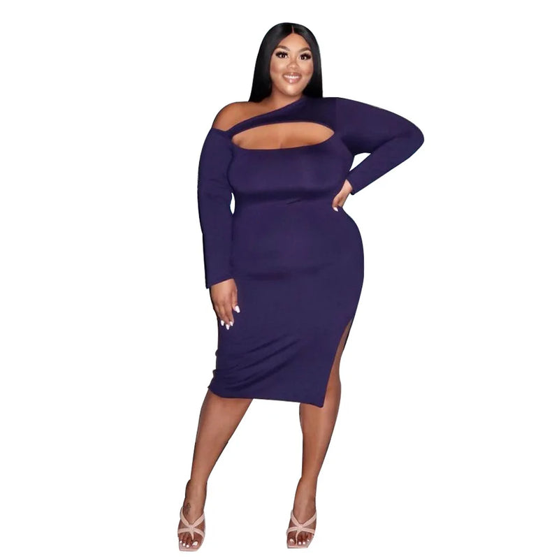 L-4XL Fall 2022 Women's Fashion Solid Color Hollow Sexy Long Sleeve Casual Slim Slit Plus Size Dresses Wholesale Dropshipping