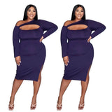 L-4XL Fall 2022 Women's Fashion Solid Color Hollow Sexy Long Sleeve Casual Slim Slit Plus Size Dresses Wholesale Dropshipping