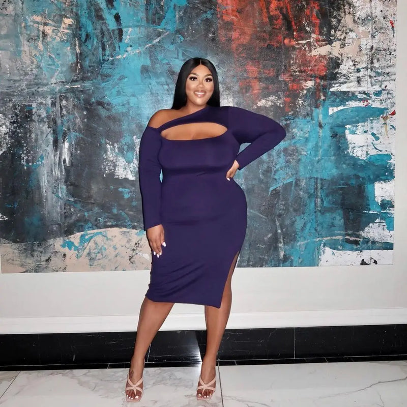 L-4XL Fall 2022 Women's Fashion Solid Color Hollow Sexy Long Sleeve Casual Slim Slit Plus Size Dresses Wholesale Dropshipping