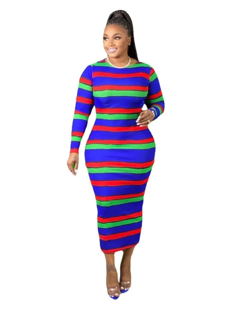 XL-5XL Fashion 2022 Fall Plus Size Long Sleeve Stripe Colorful Slim Casual Dress for Women – Wholesale & Dropshipping