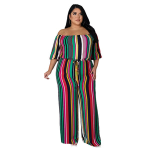 XL-5XL Autumn Stripe Plus Size Jumpsuit: Casual Rompers with Half Sleeve Top and Wide Leg Pant for Women's Clothing
