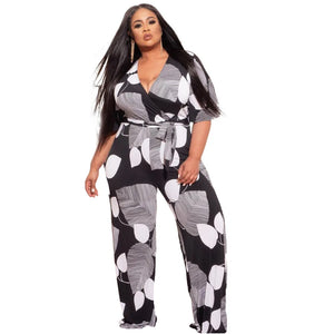 Stylish Plus Size Printed Lace Wide Leg Jumpsuit: Elegant Business Rompers for Summer Fashion