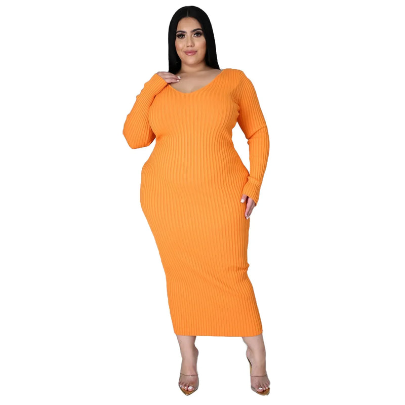 WSFEC L-5XL Plus Size Women's Long Sleeve Solid Color Maxi Dress – Elegant & Casual 2024 Fashion