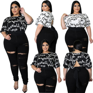 Plus Size Letter Print Lace-Up Backless T-Shirt – Trendy & Casual Summer Tee