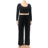 XL-5XL Plus Size Two-Piece Sets African Women Clothing Casual Long Sleeve Solid Color Round Neck Top and Wide-Leg Pant Suits