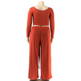 XL-5XL Plus Size Two-Piece Sets African Women Clothing Casual Long Sleeve Solid Color Round Neck Top and Wide-Leg Pant Suits