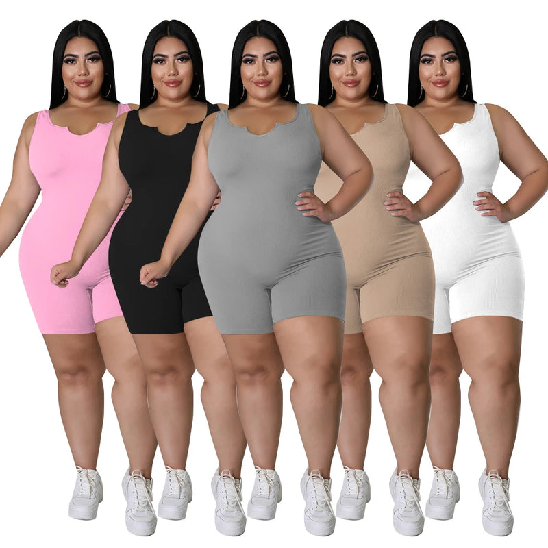 Plus Size V-Neck Sleeveless Bodysuit – Casual & Sporty Summer Jumpsuit