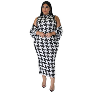 Stylish Houndstooth Print Two-Piece Set: Sleeveless Long Dress and Coat for Plus Size Women's Clothing
