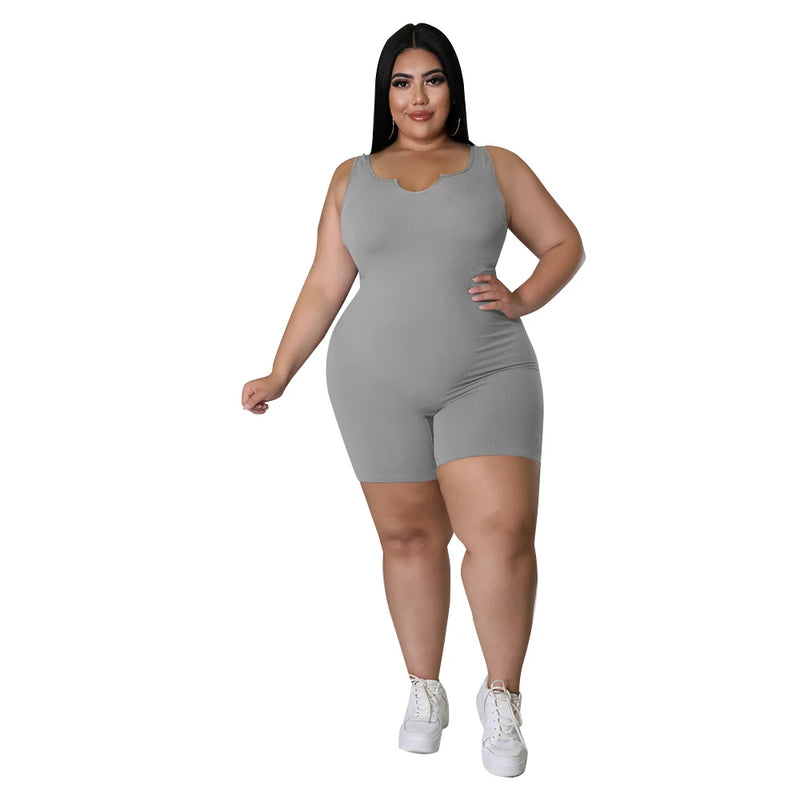 Plus Size V-Neck Sleeveless Bodysuit – Casual & Sporty Summer Jumpsuit
