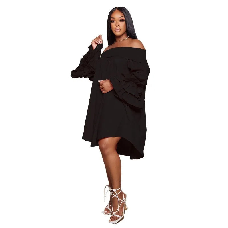 Wsfec L-3XL Dresses for Women 2023 Plus Size Fall Pleated Slash Neck Ruffles Long Sleeve Loose Elegant Casual Sexy Midi Dress