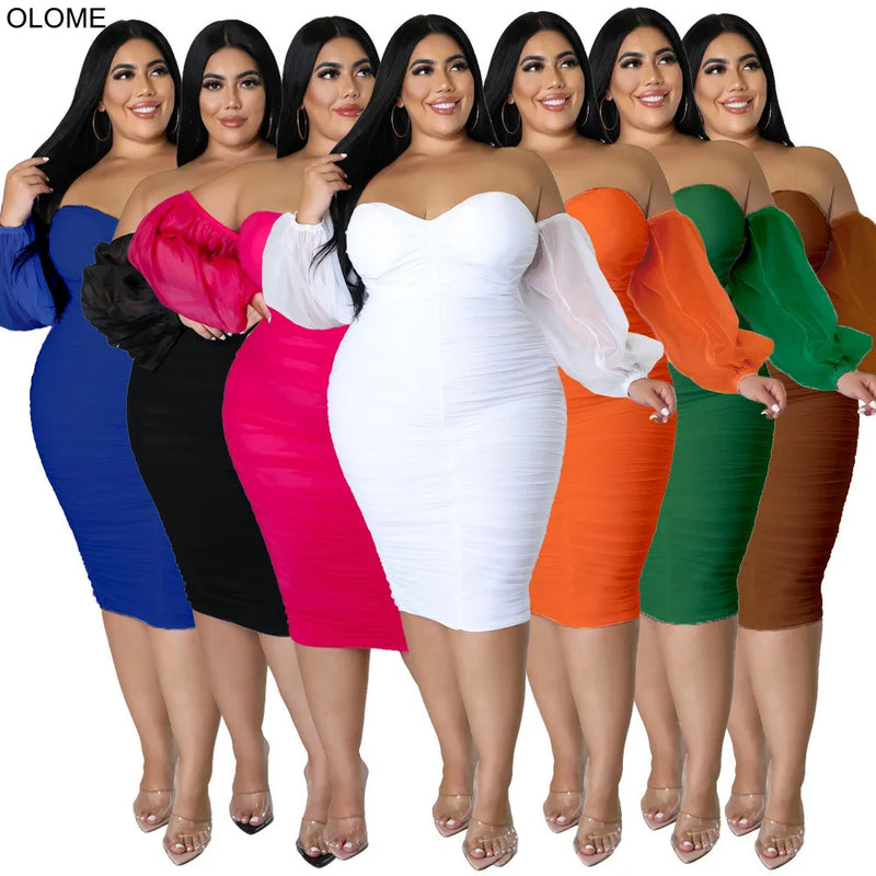 Plus Size 4XL-5XL Mesh Long Sleeve Slash Neck Bodycon Dress – Sexy Nightclub Autumn Winter Fashion