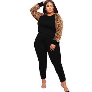 Women's Leopard Print Two Piece Tracksuit with Lace-Up Little Feet Pants