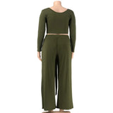 XL-5XL Plus Size Two-Piece Sets African Women Clothing Casual Long Sleeve Solid Color Round Neck Top and Wide-Leg Pant Suits