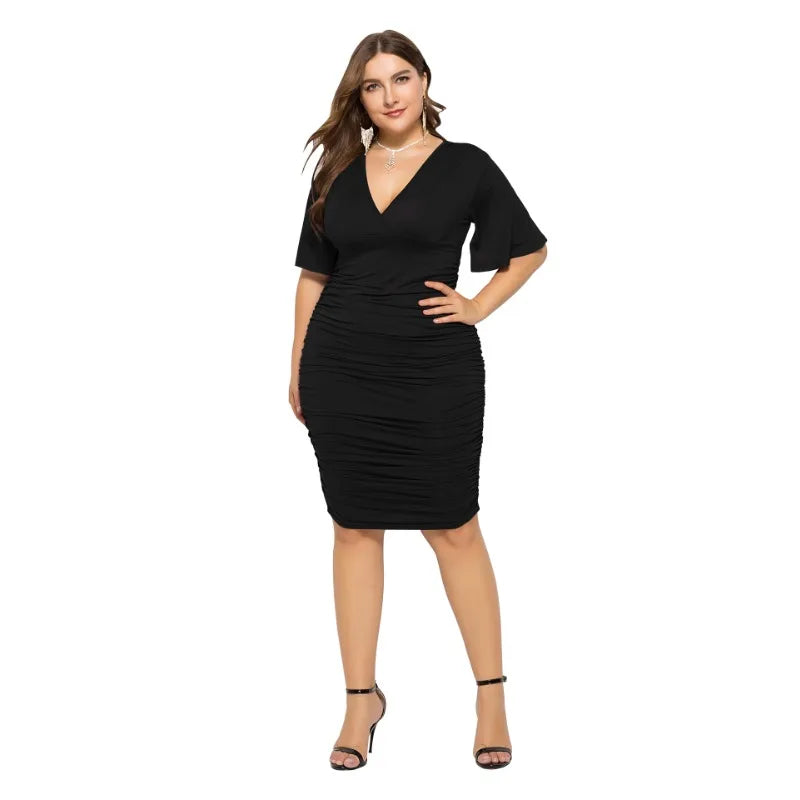 WSFEC L-4XL Plus Size Summer Casual Short Sleeve V-Neck Pleated Bodycon Mini Dress – Sexy & Elegant Fashion