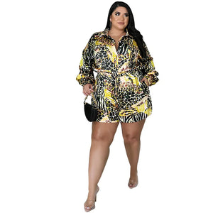 Stylish Plus Size Printed Long Sleeve Jumpsuit: Fashionable Short Romper with Pockets for Women's Clothing