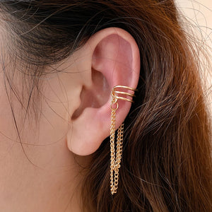 Timeless Elegance: Vintage Hollow Long Chain Clip Earrings - Geometric Metal Fake Ear Cuff Jewelry for Women and Girl