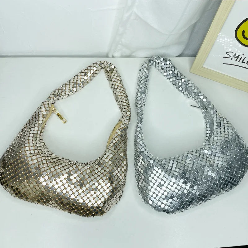 Women's Evening Bags Aluminum Sequin Underarm Pouch Lightweight Casual Hobo Handbag Party Sparkling Shoulder Mobile Phone Bag