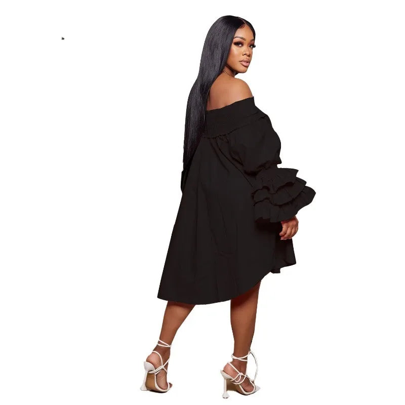 Wsfec L-3XL Dresses for Women 2023 Plus Size Fall Pleated Slash Neck Ruffles Long Sleeve Loose Elegant Casual Sexy Midi Dress