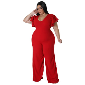 Chic Plus Size Ruffle Sleeve Jumpsuit: Elegant Wide-Leg Pants One-Piece Outfit with V-Neck for Women