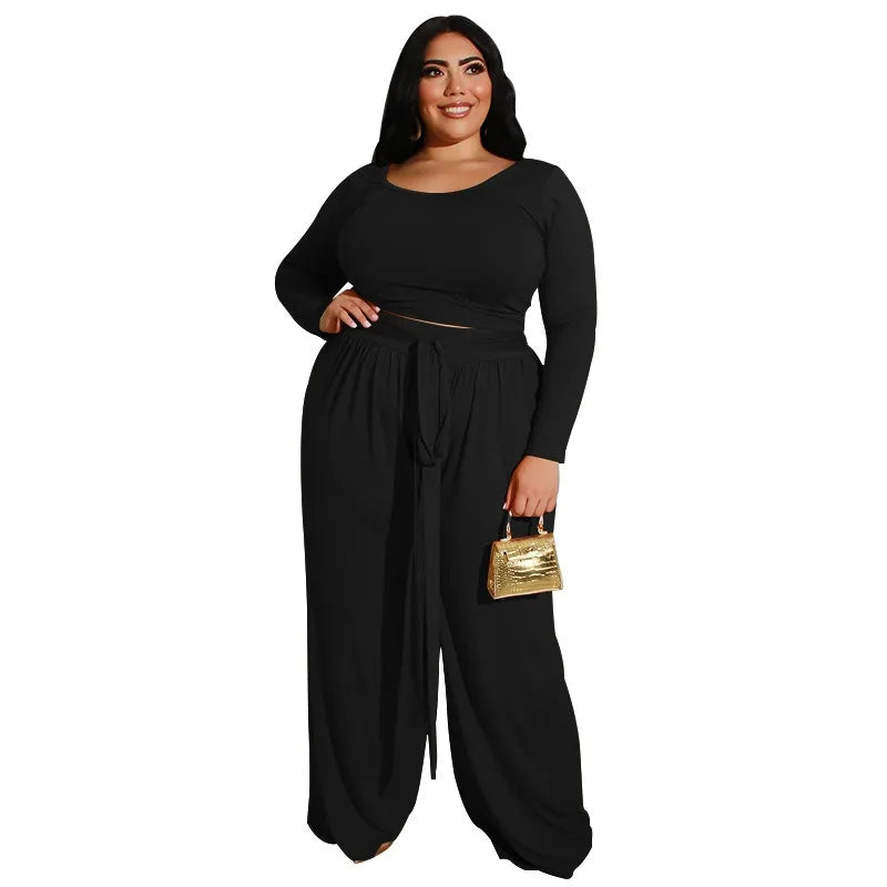 XL-5XL Plus Size Two-Piece Sets African Women Clothing Casual Long Sleeve Solid Color Round Neck Top and Wide-Leg Pant Suits