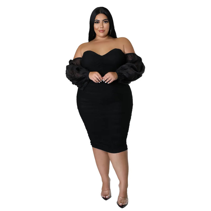 Plus Size 4XL-5XL Mesh Long Sleeve Slash Neck Bodycon Dress – Sexy Nightclub Autumn Winter Fashion