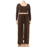 XL-5XL Plus Size Two-Piece Sets African Women Clothing Casual Long Sleeve Solid Color Round Neck Top and Wide-Leg Pant Suits