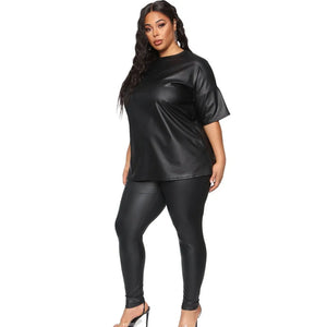 Plus Size Sexy Faux Leather Two Piece Set: Short Sleeve Tops + Trousers Suit for Women