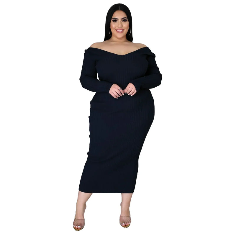 WSFEC L-5XL Plus Size Women's Long Sleeve Solid Color Maxi Dress – Elegant & Casual 2024 Fashion