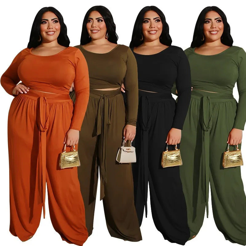 XL-5XL Plus Size Two-Piece Sets African Women Clothing Casual Long Sleeve Solid Color Round Neck Top and Wide-Leg Pant Suits