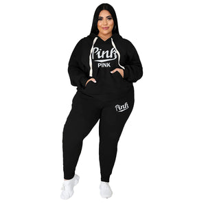 Plus Size Two Piece Sets: Letter Print "Pink" Tracksuits