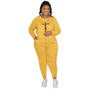 Plus Size Two Piece Sets: Long Sleeve O-Neck Two Piece "Faith " Tracksuits